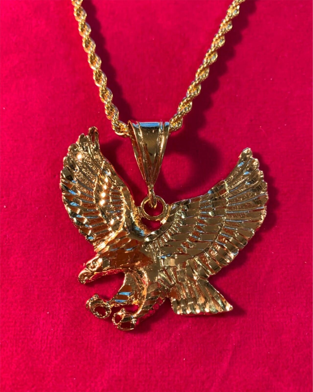 14KT GOLD PLATED LARGE 2″ BY 2″ EAGLE DIAMOND CUT CHARM PENDANT- 7006