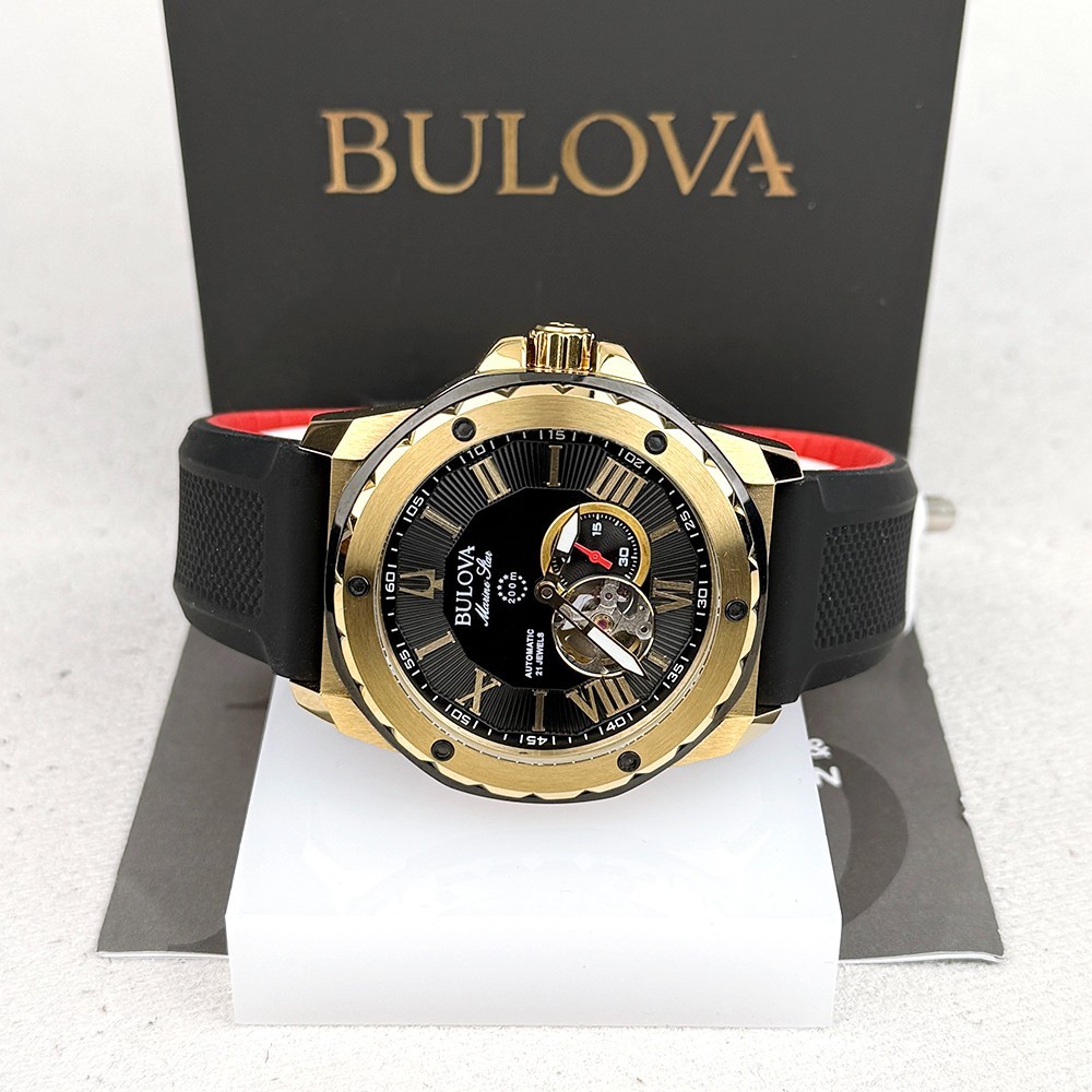 Bulova Men’s Marine Star Black Gold Dial Rubber Strap Automatic Watch 98A272