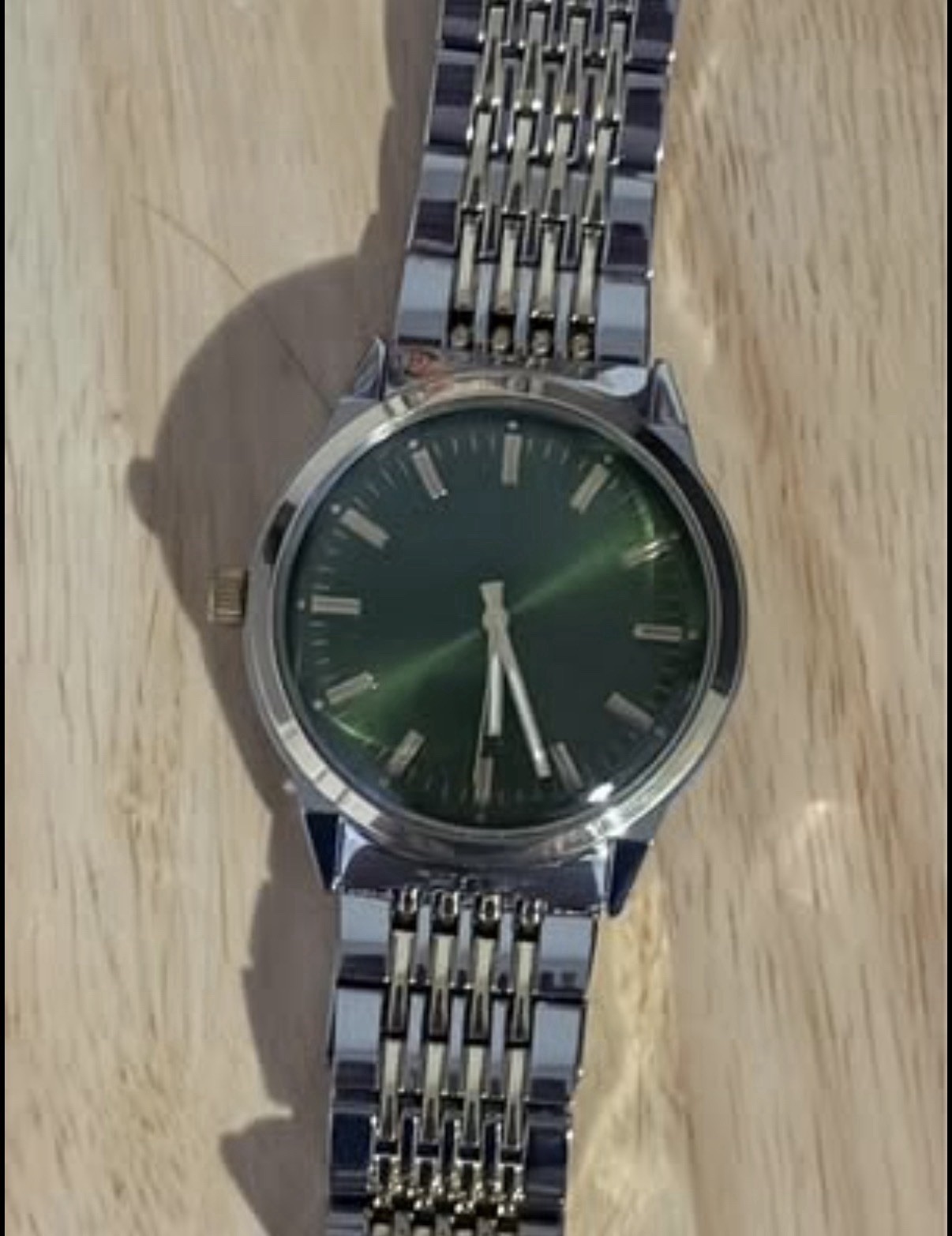 Green Dial Silver Metal Bracelet Analog Round Wristwatch Stick Indexes