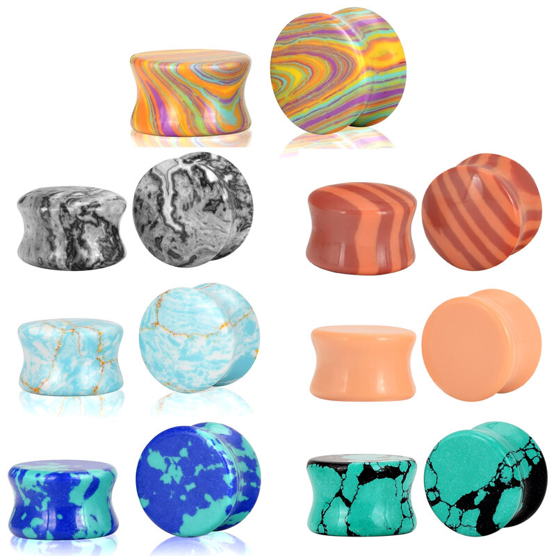 PAIR Ear Gauges Organic Stone Ear Plugs Flesh Tunnels Double Saddle 2G-16MM USA