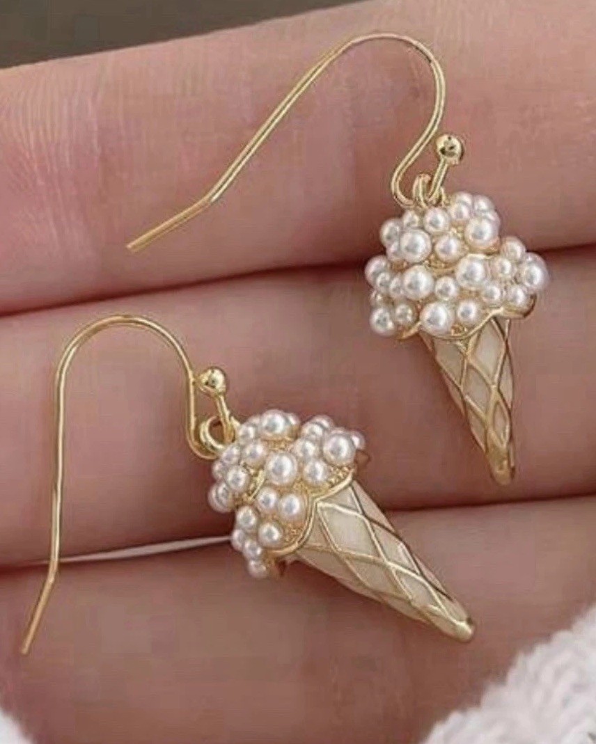 14k Gold Plated 925 Sterling Silver Imitation Pearl Ice Cream Cone Earrings NWOT