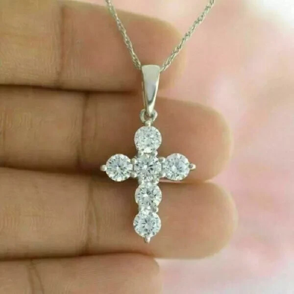 1Ct Round Cut Diamond Cross Necklace Pendant 14K White Gold Finish Free Chain
