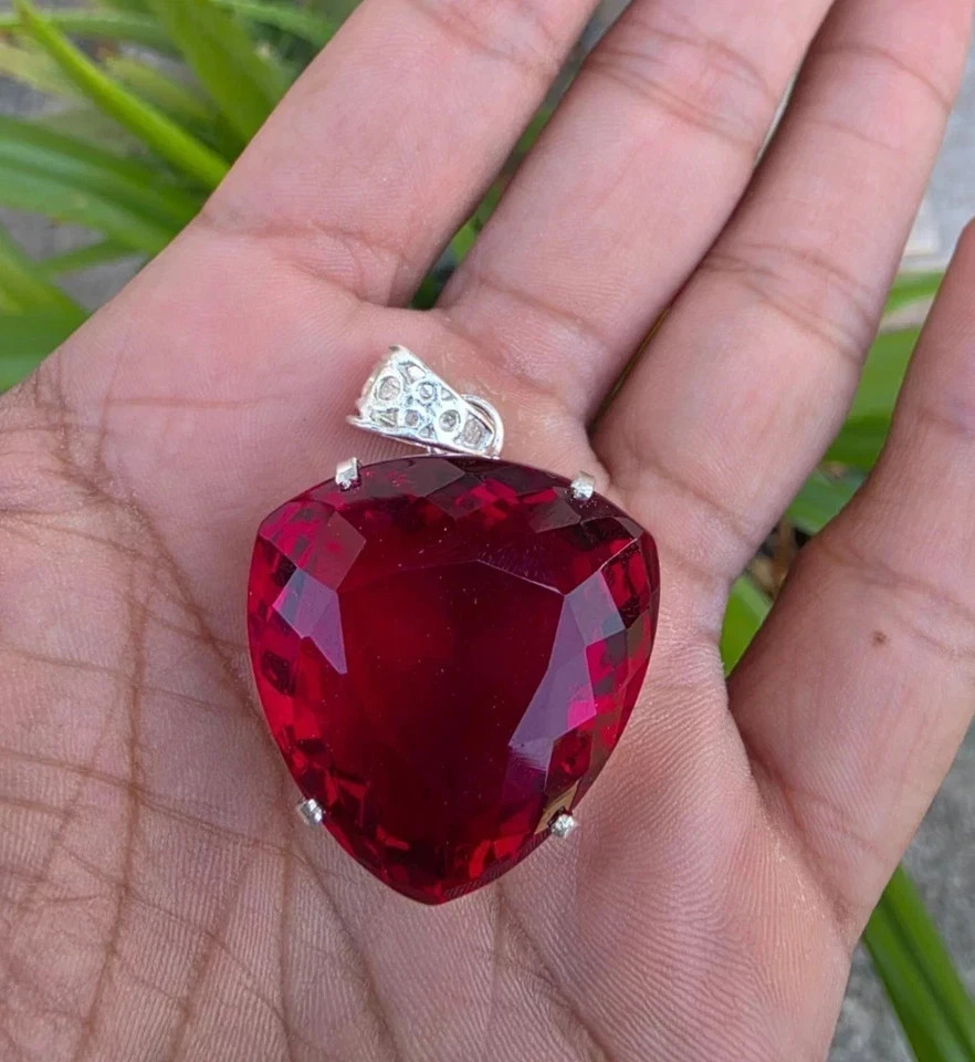 Natural Red Ruby 35 Ct Trillion Loose Gemstone 925Solid Silver Certified Pendant