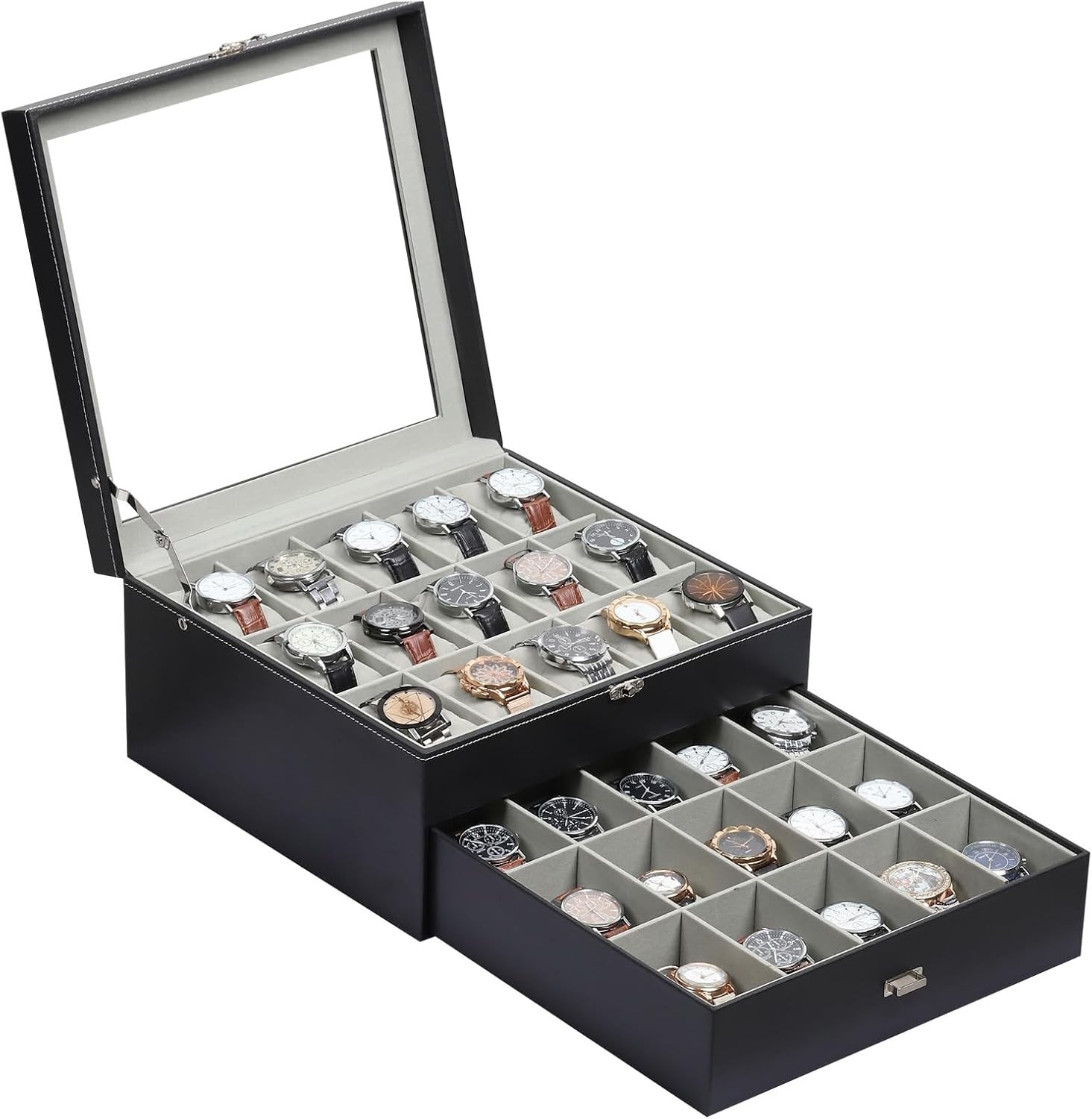 Watch Box Organizer with Glass Top & Lockable Drawer,2 30 Slot Black