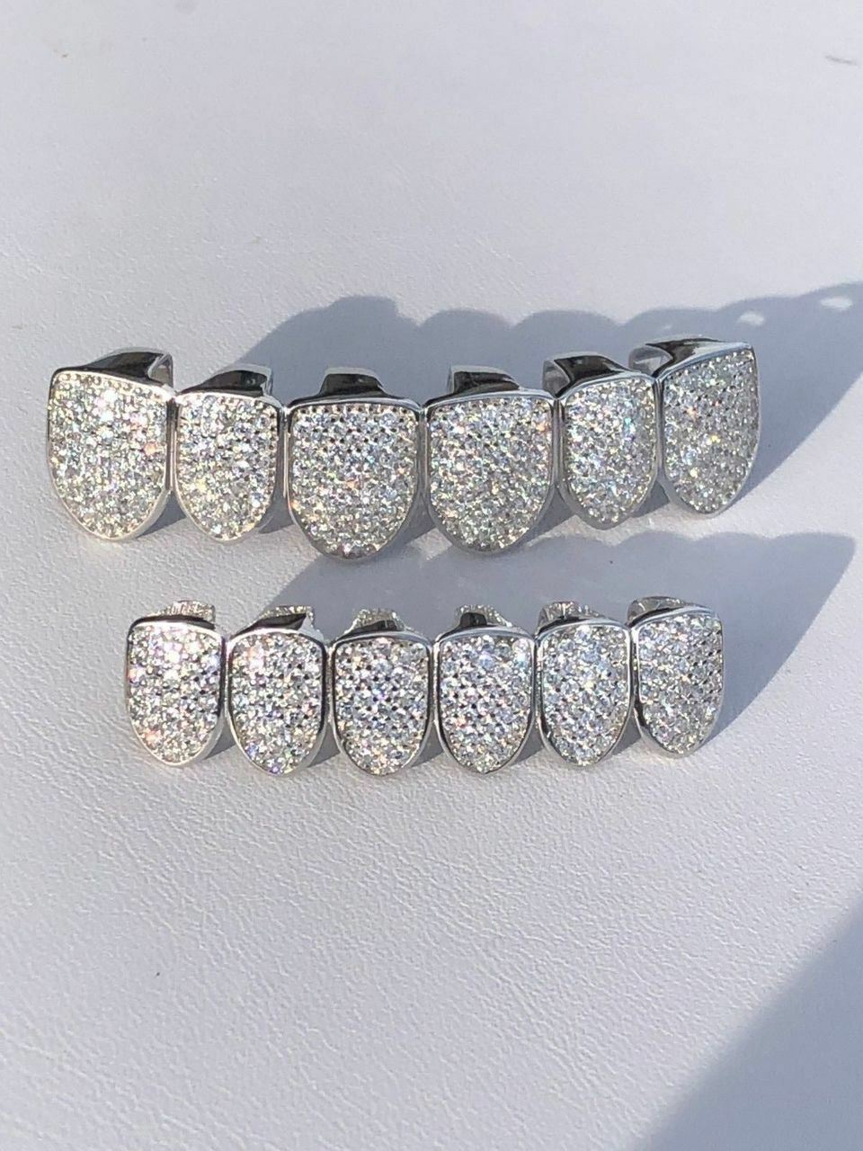 SOLID 925 Silver Simulated Diamonds Custom GRILLZ Teeth Top Bottom Set HipHop CZ