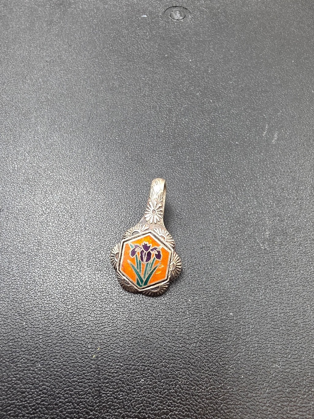 Vintage Sterling Silver Enamel Iris Floral Pendant Marked Art Nouveau Style
