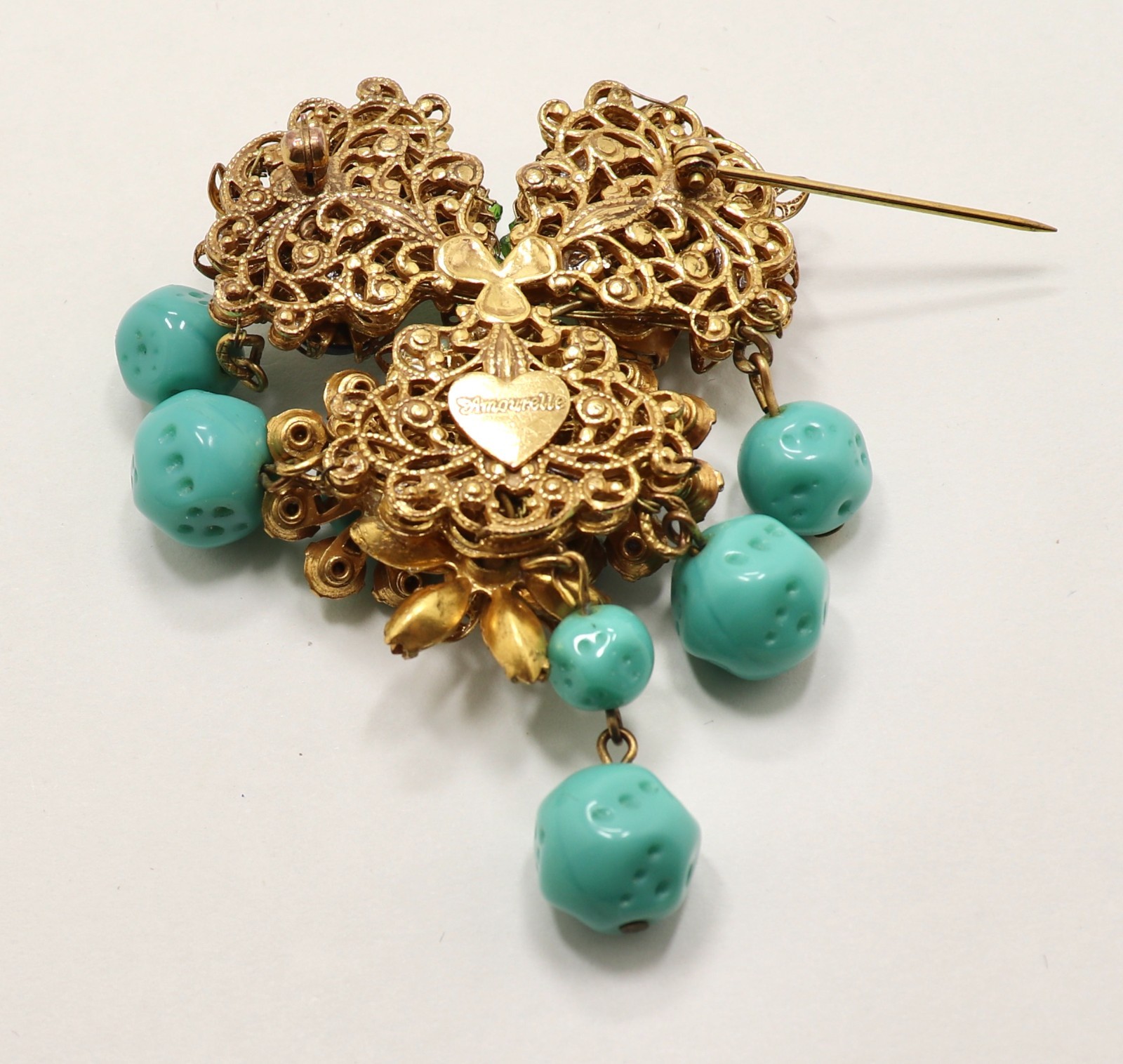 VINTAGE AMOURELLE FRANK HESS FLORAL BEADED DANGLING BROOCH