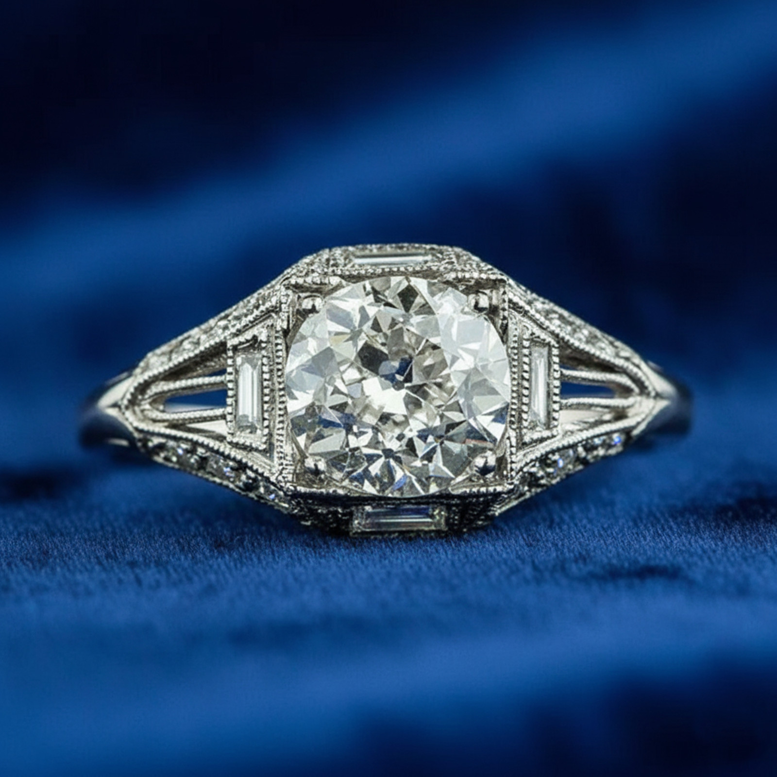 Old European Cut Simulated Diamond 14K Gold Vintage Style Milgrain Wedding Ring