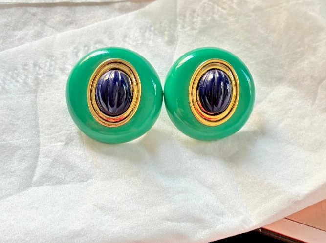 GIANT 1960’S SIMULATED TURQUOISE, SIMULATED LAPIS ROUND POST EARRINGS