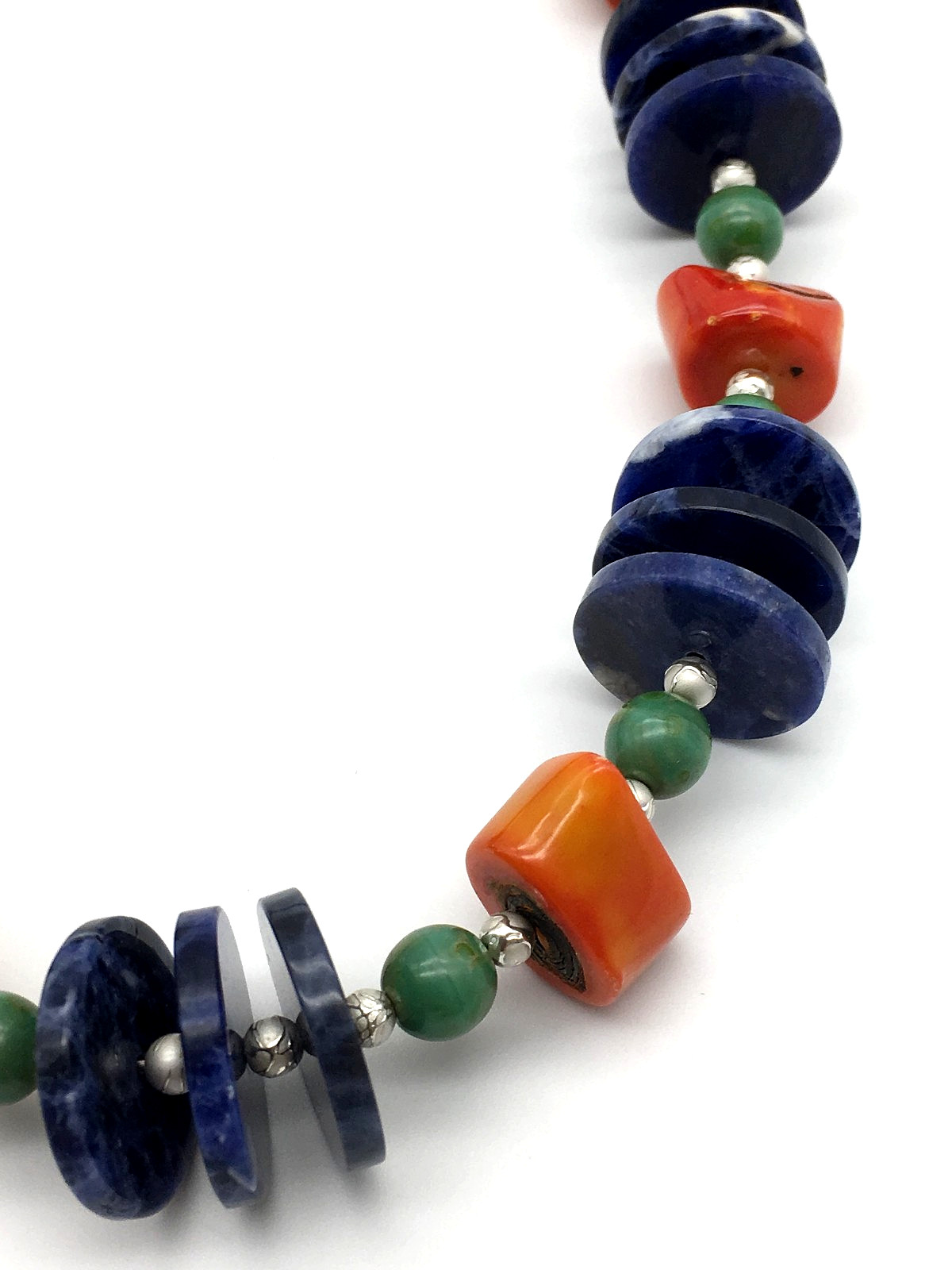 925 Lapis Discs Chalcedony Beads Coral Nuggets ST Etched Seed Beads 20″ Necklace