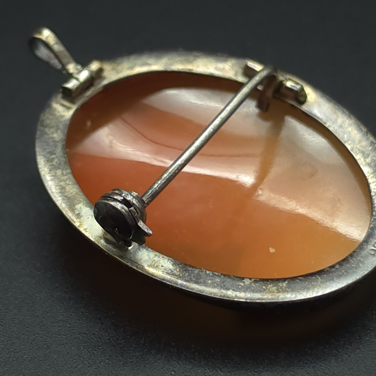 Antique 900 Silver Hand Carved Shell Cameo Brooch Pendant Convertible