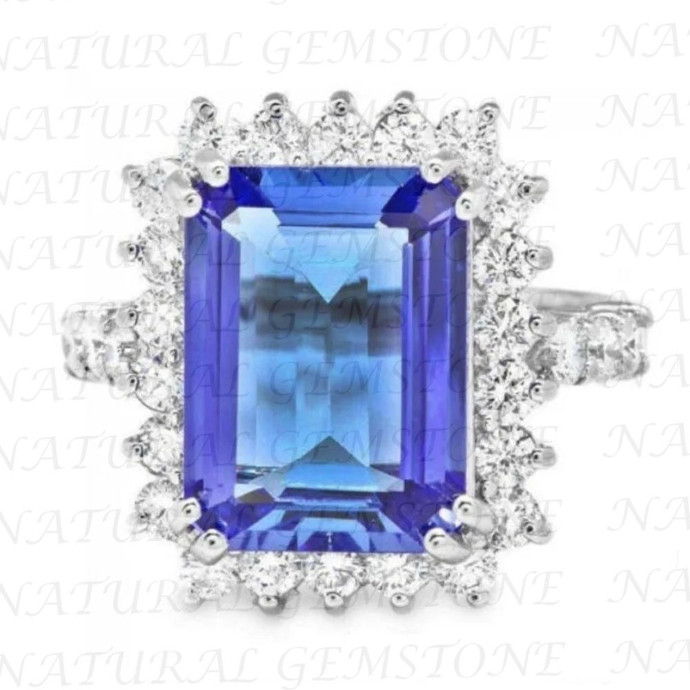 6.80Carat Emerald Shape Natural Tanzanite and Diamond Ring 18K White Gold Plated