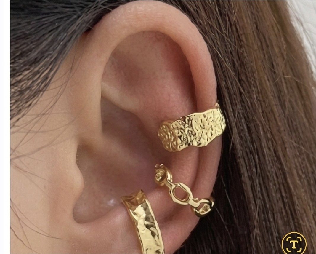 Gold & Silver Tone Textured Metal Cuff & Hoop Earrings Set, Clip-On, No Stone