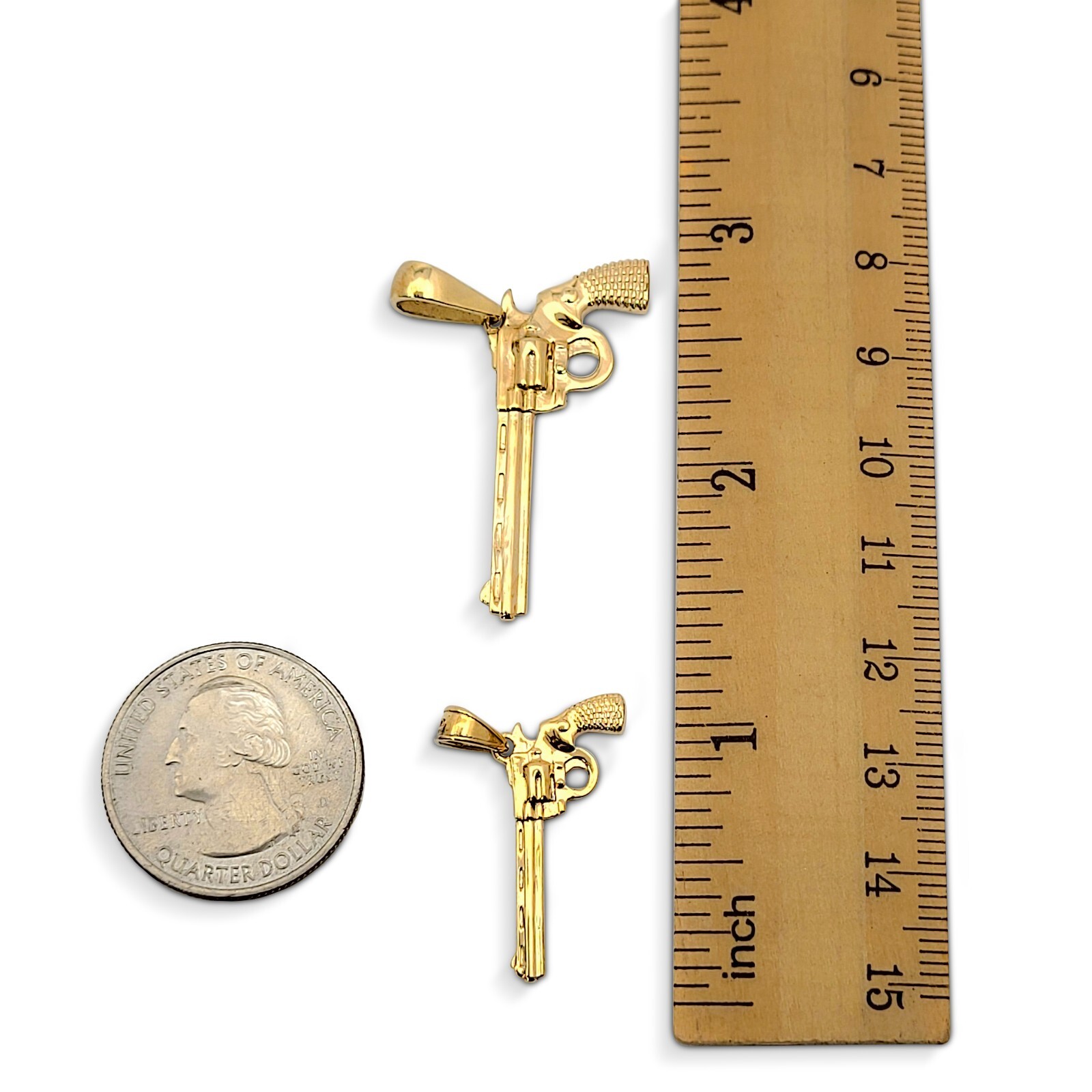 Solid 18K Yellow Gold Revolver Pistol Pendant, Six Shooter Real Gold Gun Pendant