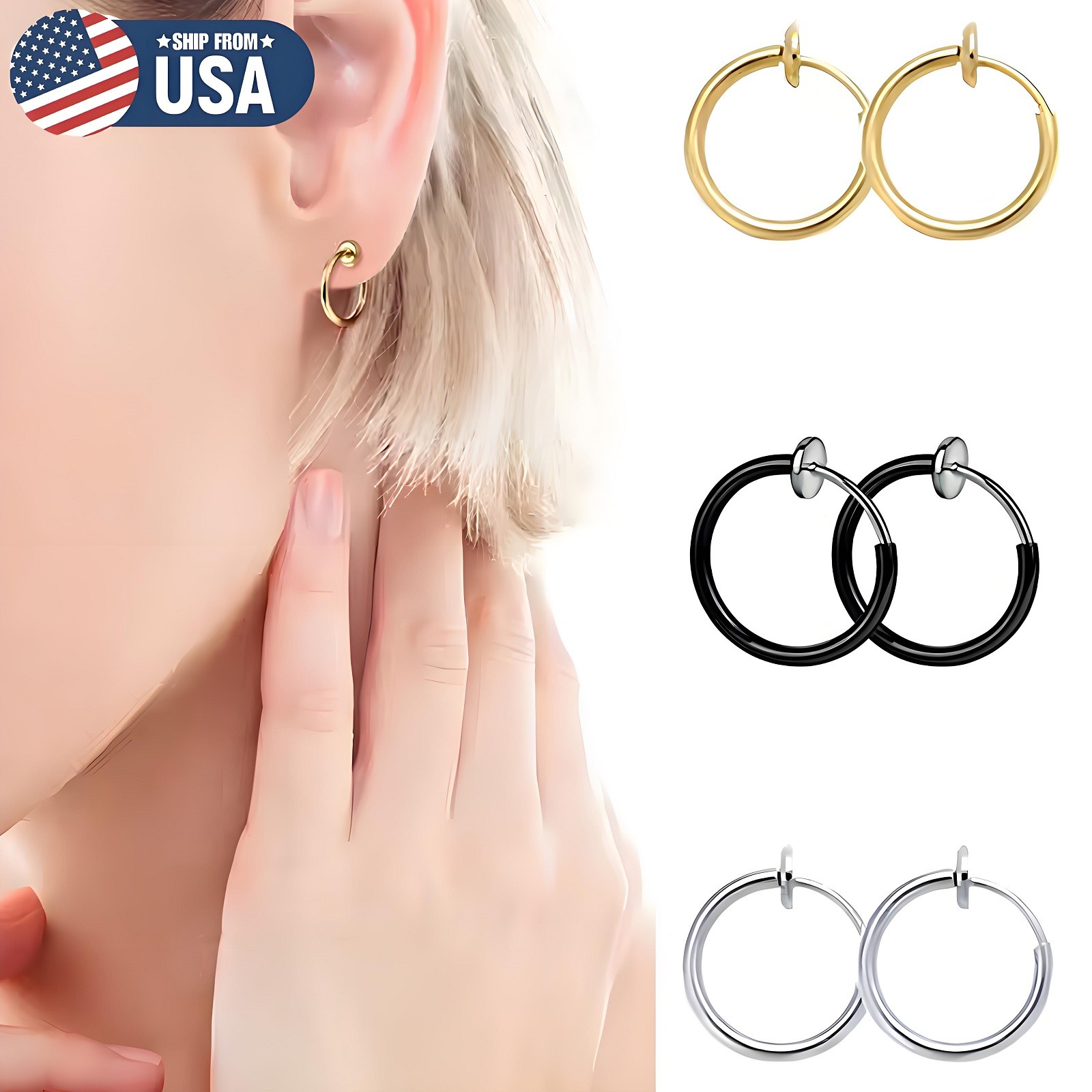2× Clip-On Spring Action Non-Piercing Fake Septum Lip Cartilage Nose Tragus Ring