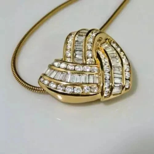 3Ct Round & Baguette VVS1 Diamond Heart Pendant 14K Yellow Gold Over Free Chain