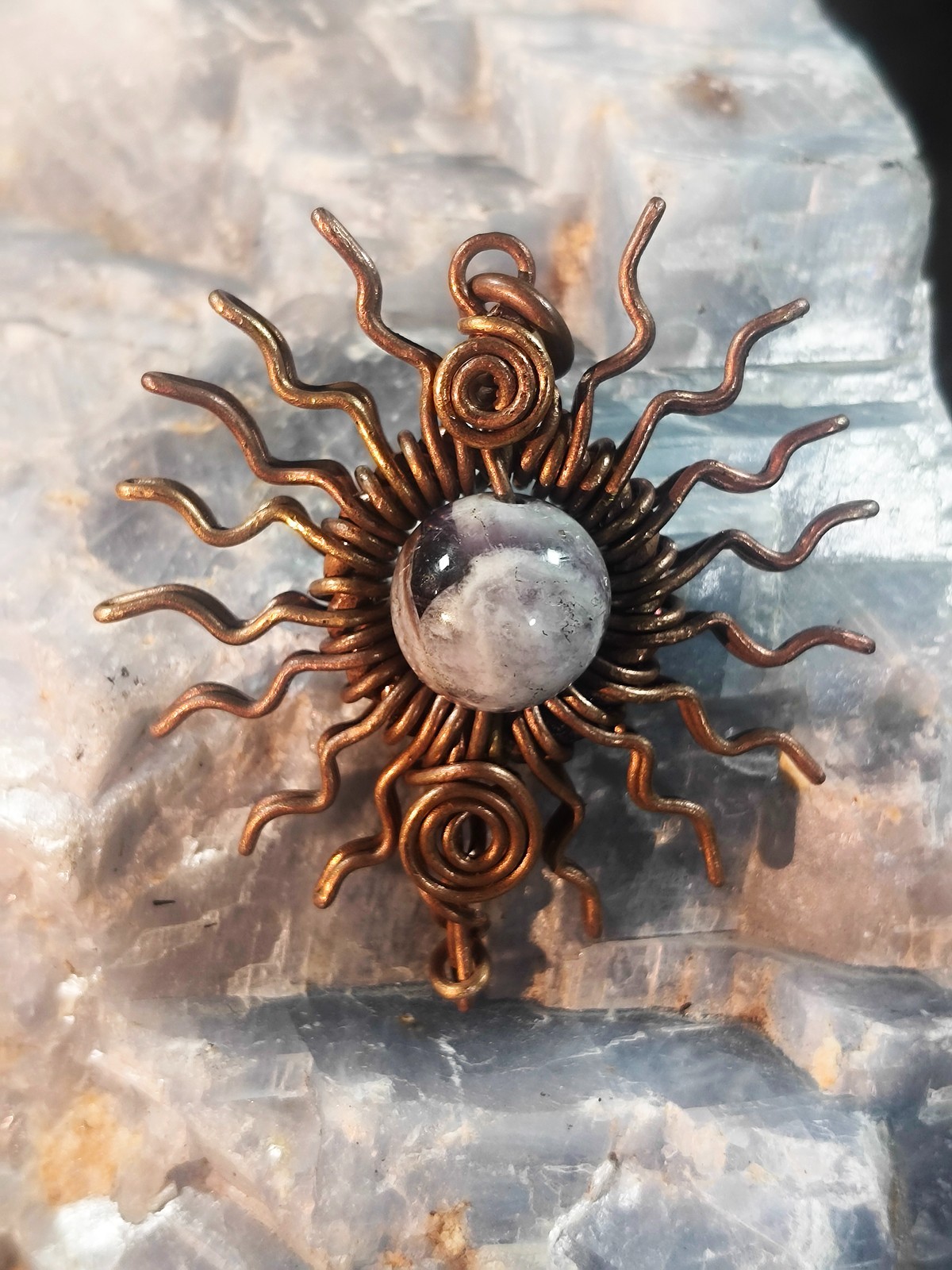 Sun Pendant Copper Amethyst Wire-Wrapped Jewelry Energy Health Lucky #PS0007