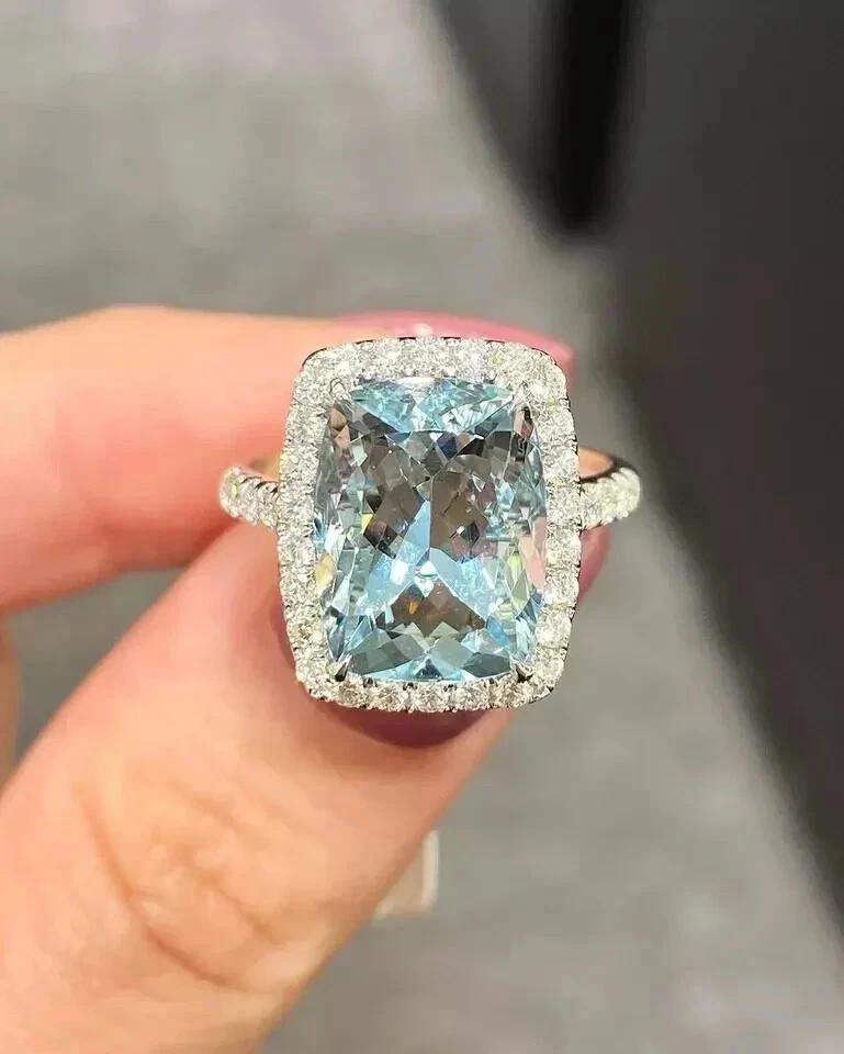 5.20 Ct Cushion Cut Natural Aquamarine &Diamond Real 14K White Gold Luxury Ring