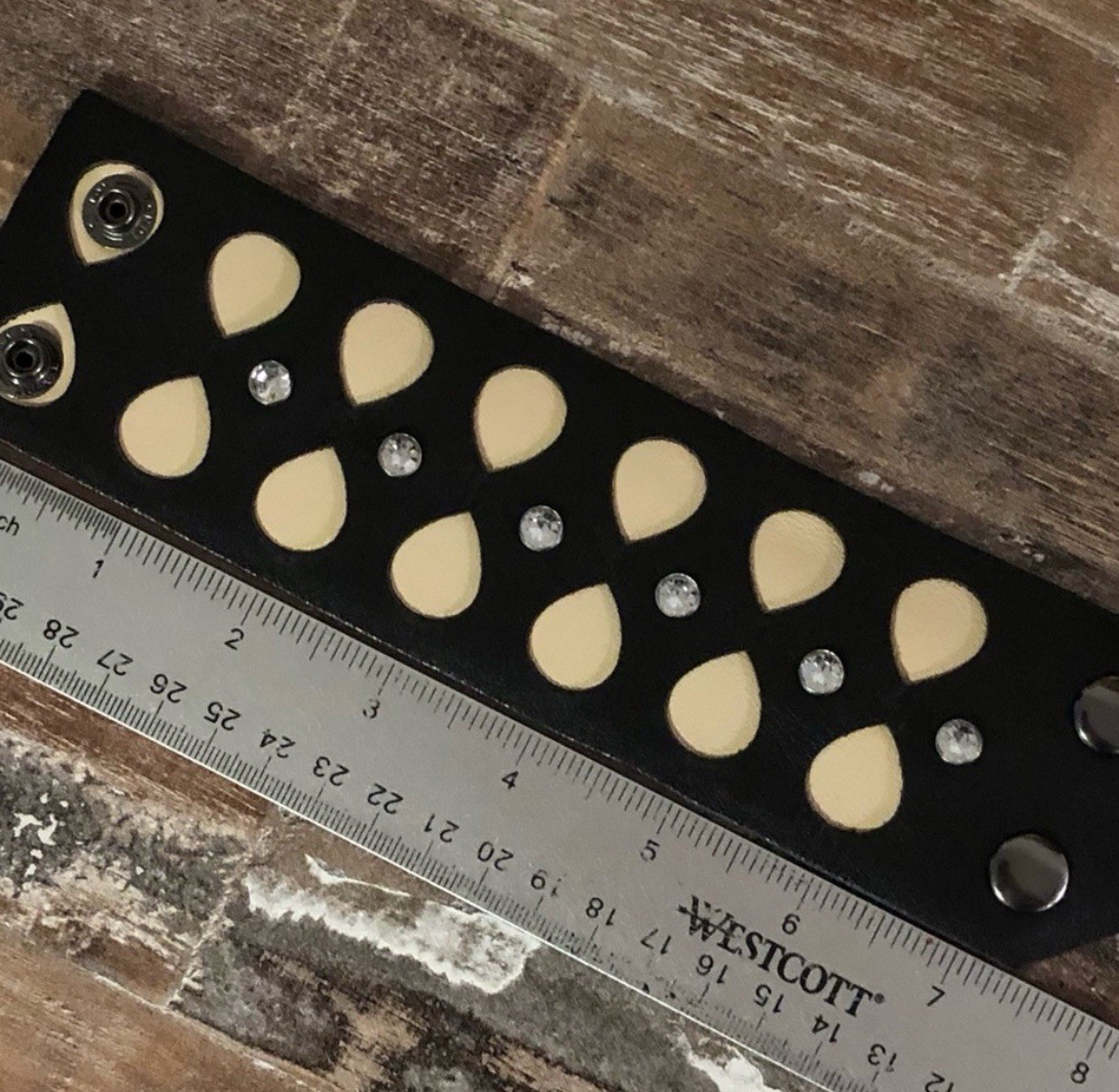 Artisan Custom Made Leather Cuff Bracelet Rhinestones Teardrops One-of-a-kind