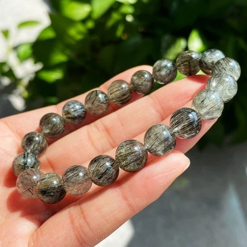 9mm Natural Black Rutilated Quartz Crystal Beads Bracelet 2342