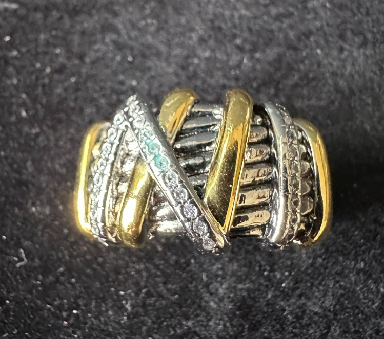 David Yurman Crossover Ring Sterling Silver 18K Yellow Gold With Pave Diamonds 7