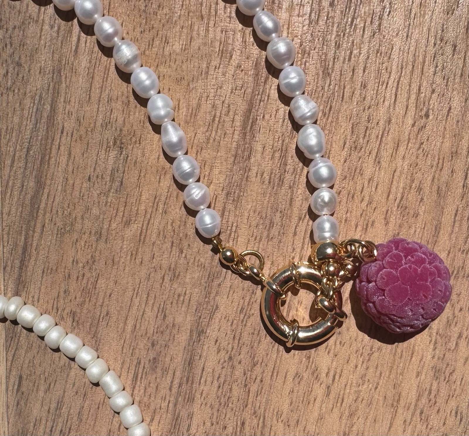 Asymmetrical Pearl & Beaded Necklace with Hand-Sculpted Raspberry Pendant