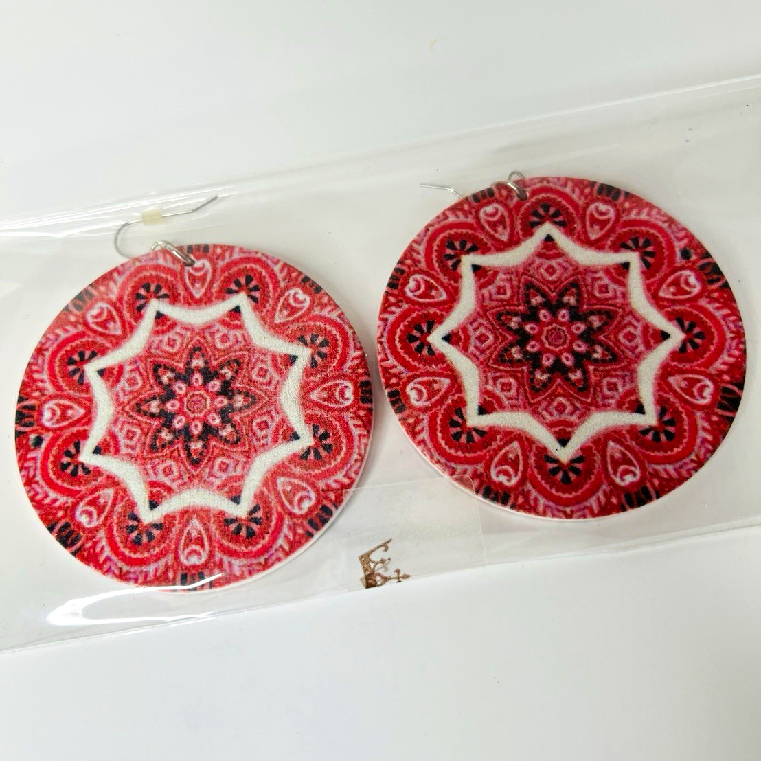 Red Mandala Pattern Round Wood Dangle Drop Earrings Hook for Lobe No Stone