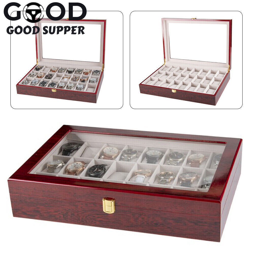 24 Slot Wood Box Watch Holder Storage Display Case Jewelry Large Storage Space