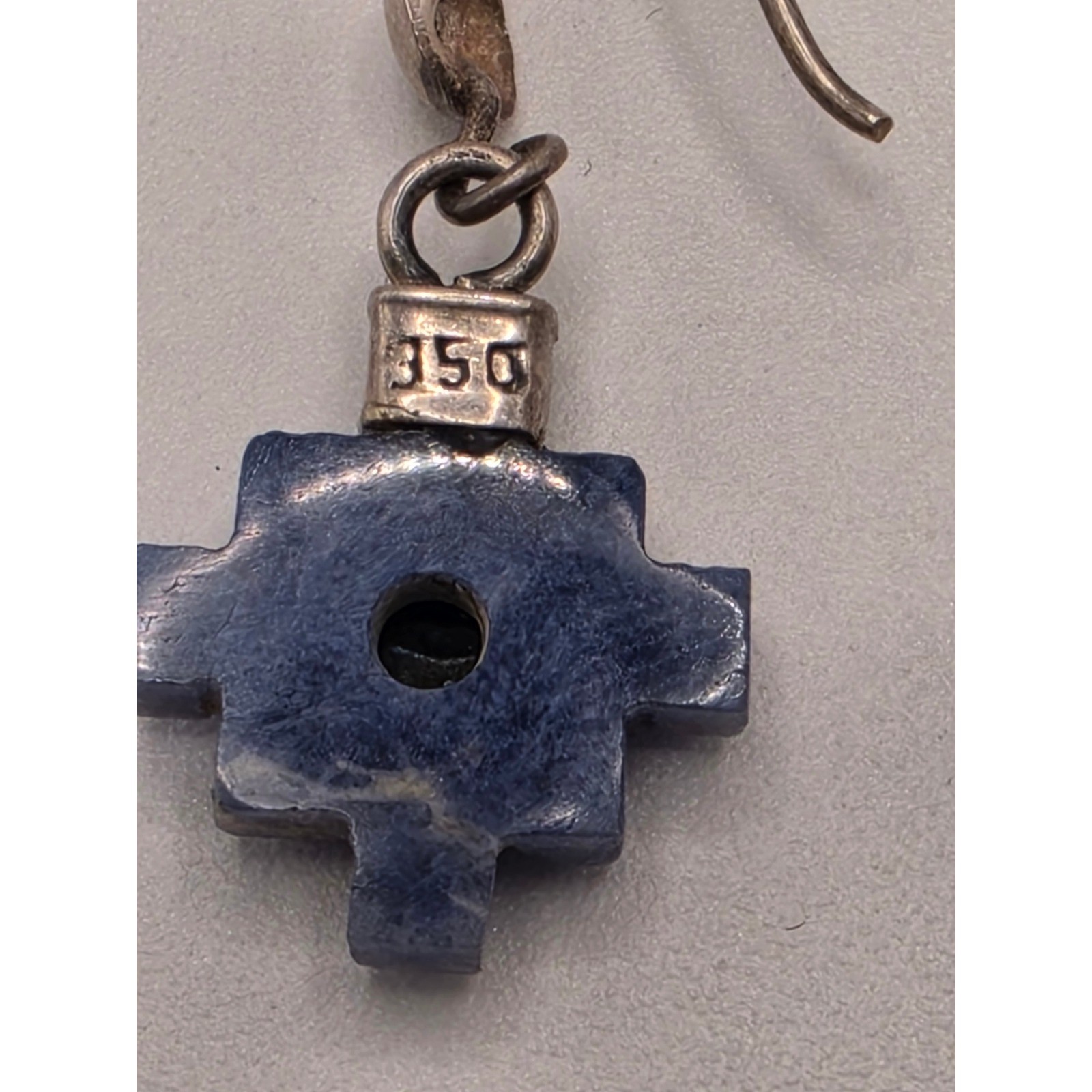 Peruvian 950 Silver Sodalite Chakana Inca Cross Tumi Drop Earrings Blue Stone