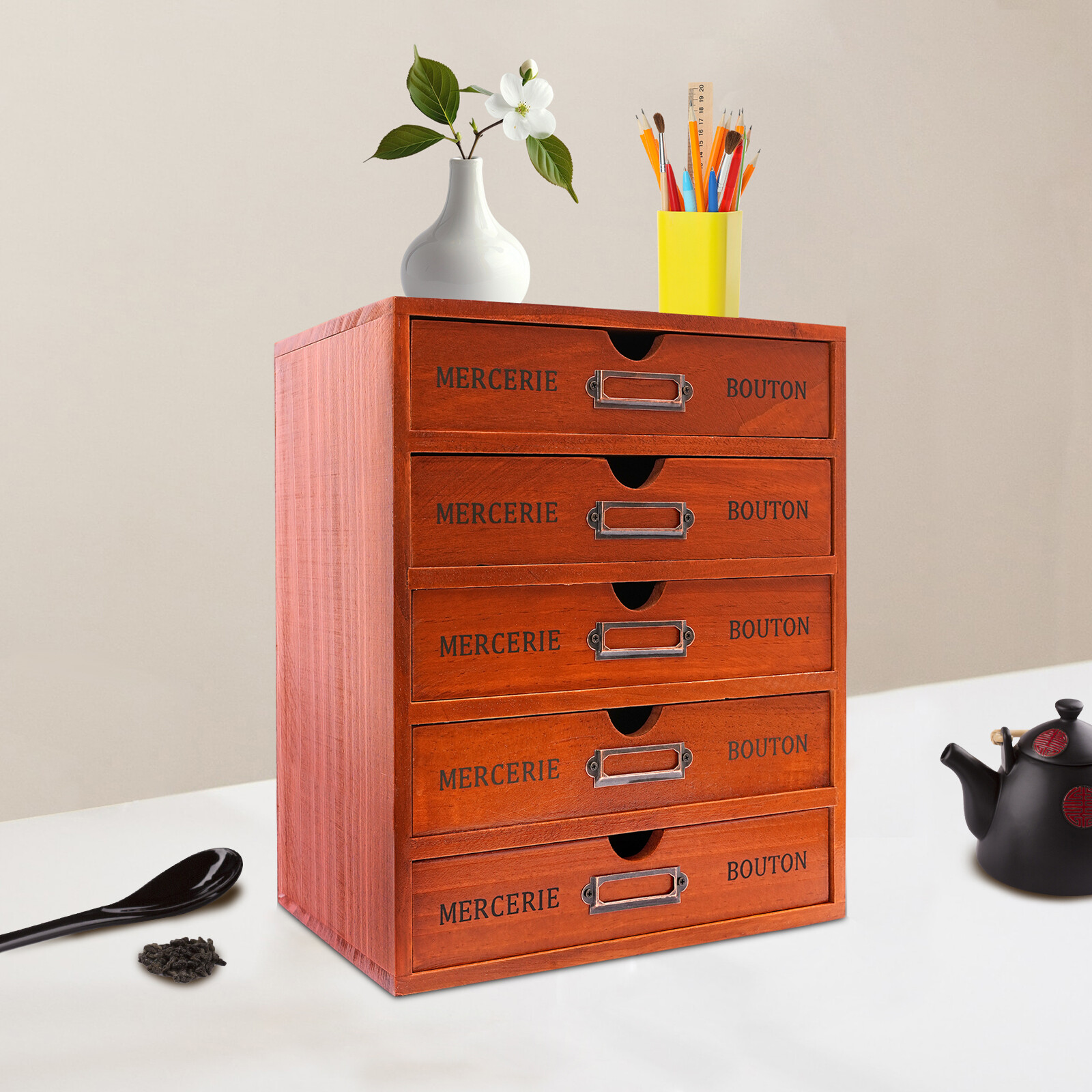 Vintage 5 Layers Large Jewelry Organizer Wooden Storage Box Case With 5 Drawers