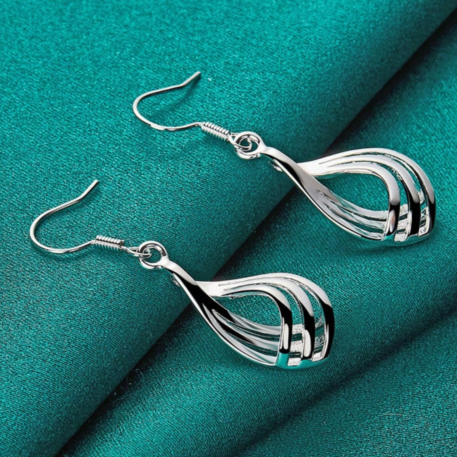 925 Sterling Silver Plated Teardrop Dangle Earrings Twisted Wave Women Jewelry