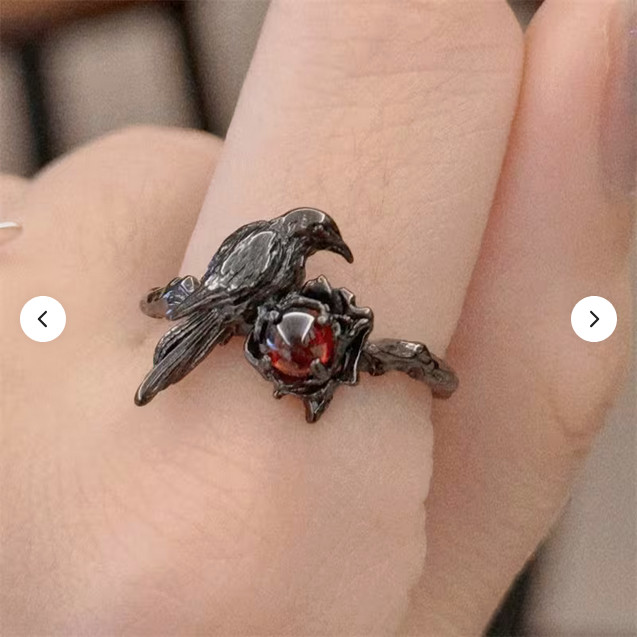 Black Rave/Crow Ring – Gothic Artisan Rings, Promise Cubic Red Zirconia
