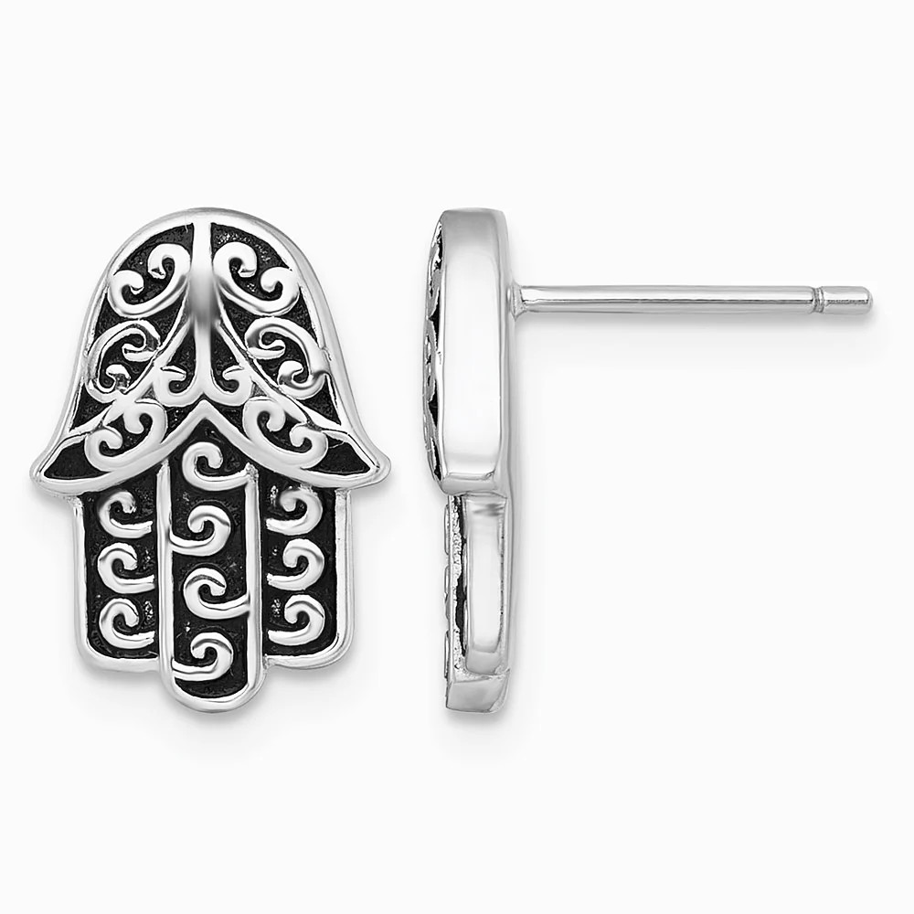 Sterling Silver RH-Plated Polished/Oxidized Filigree Hamsa Post Earrings