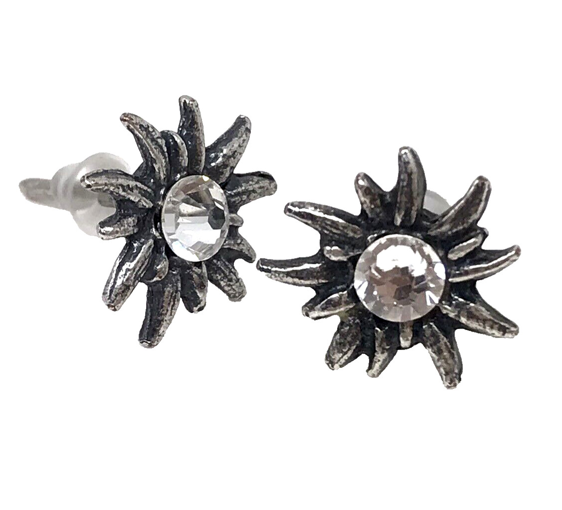 Sterling Silver Crystal Sun Star Celestial Pierced Earrings Small Stud Posts