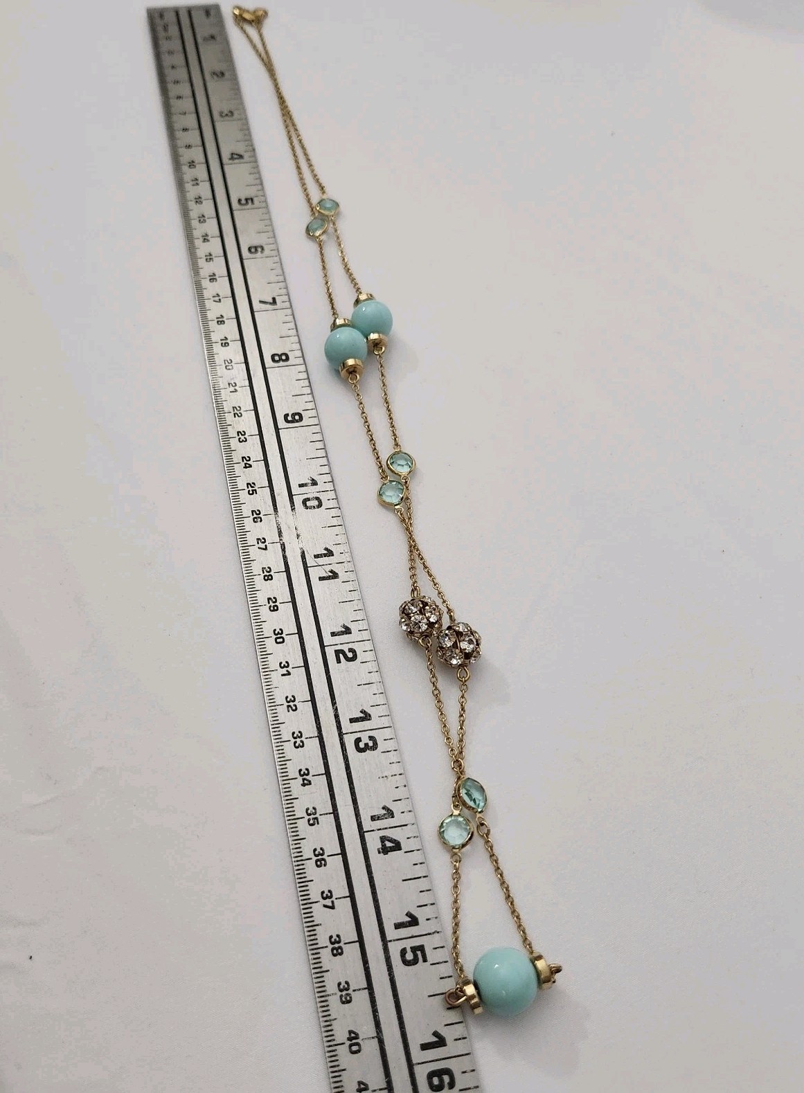 J.Crew Gold Tone Multi Strand Aqua Bead Rhinestone Necklace Signed
