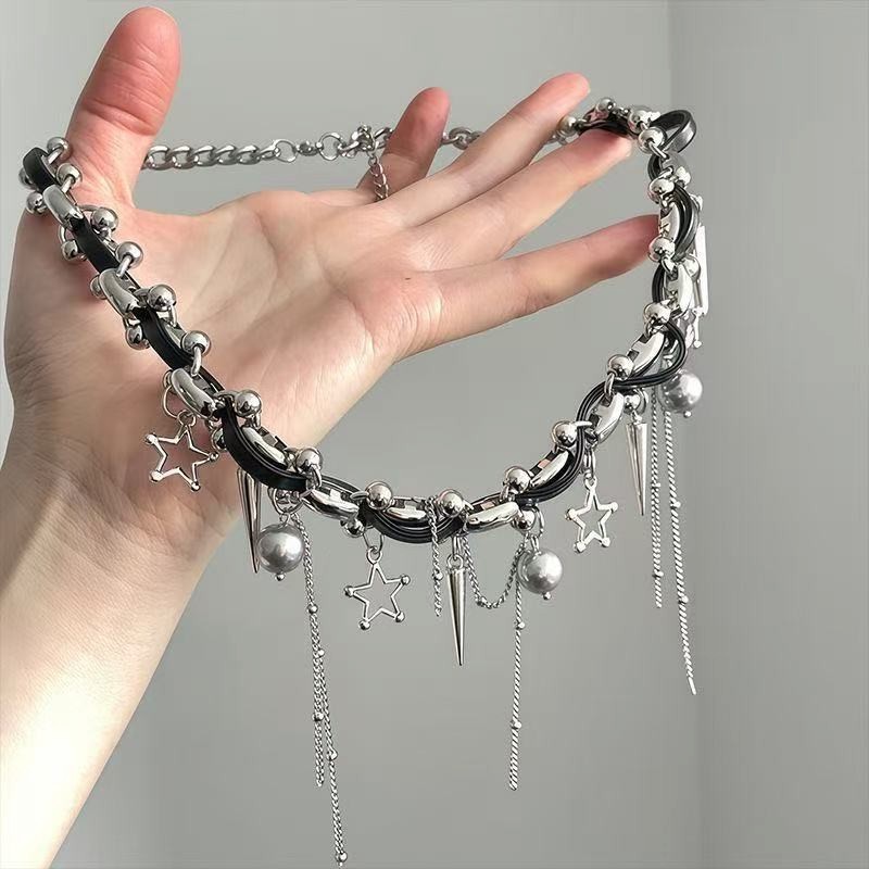 Y2K New Leather Five-Pointed Star Necklace Choker Collarbone Chain