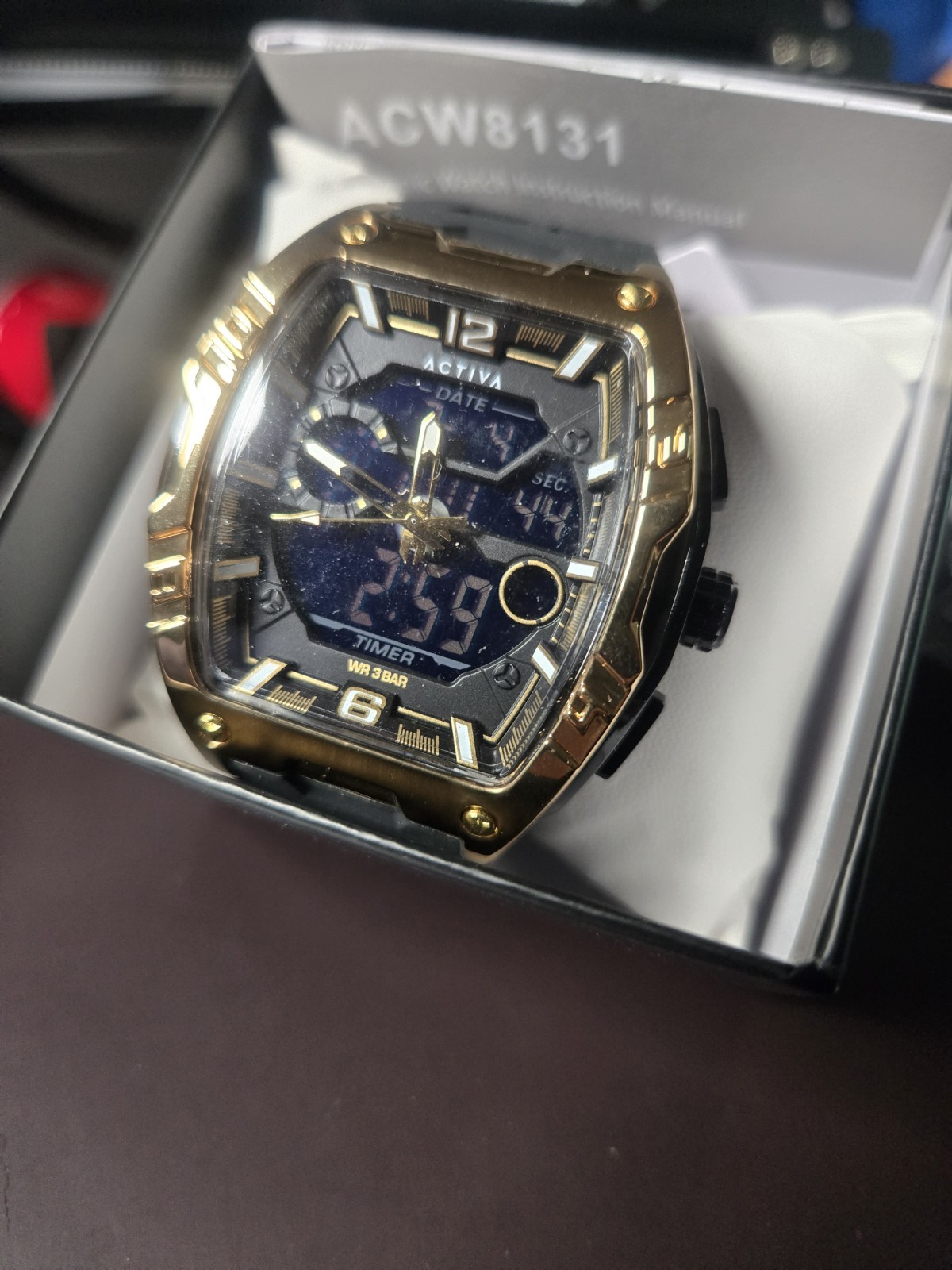Activa Men’s Quartz Analog-Digital Blue Dial Gold SS Case Black Strap 30m
