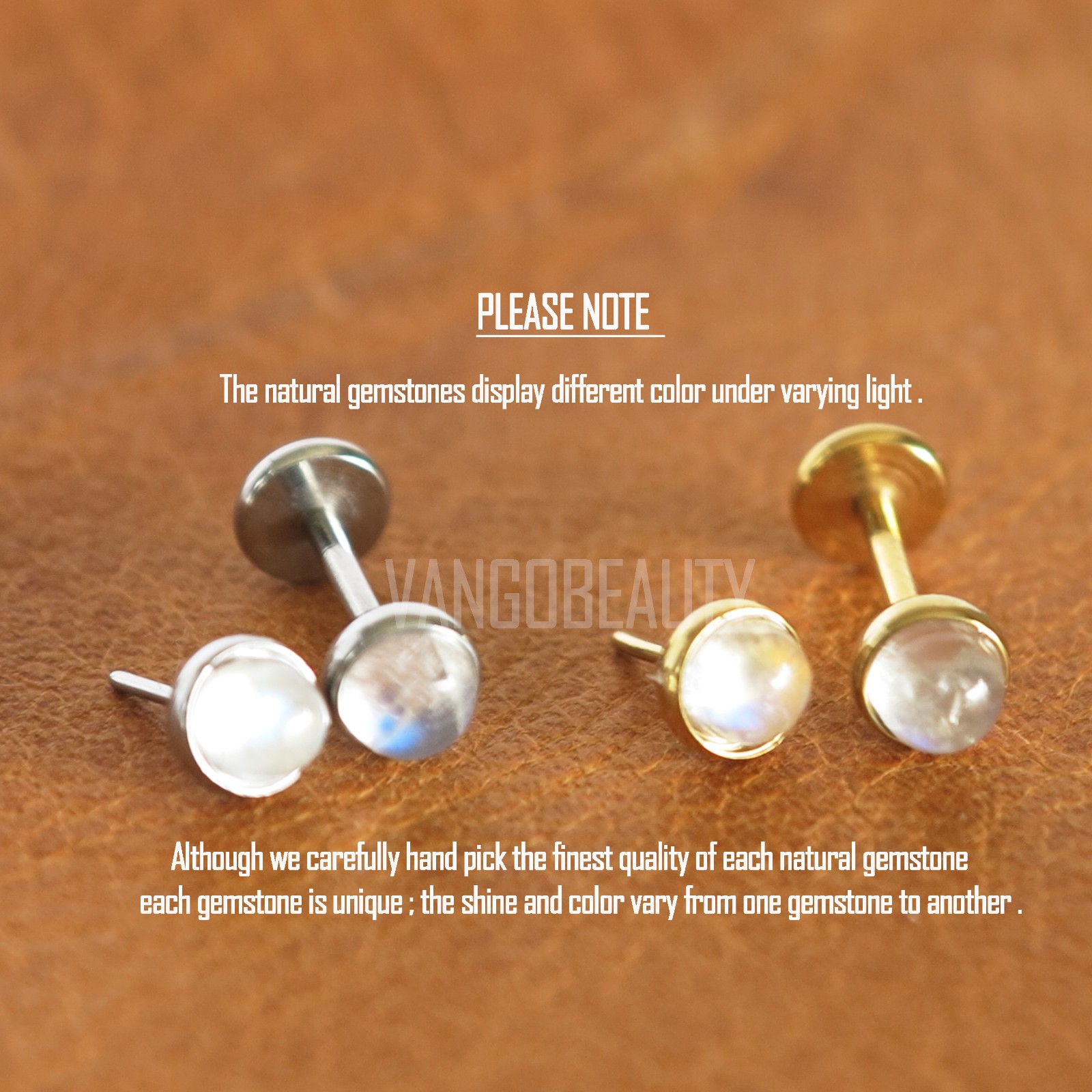 18GTiny Genuine Rainbow Moonstone Titanium Threadless Stud Earring Handmade inUS