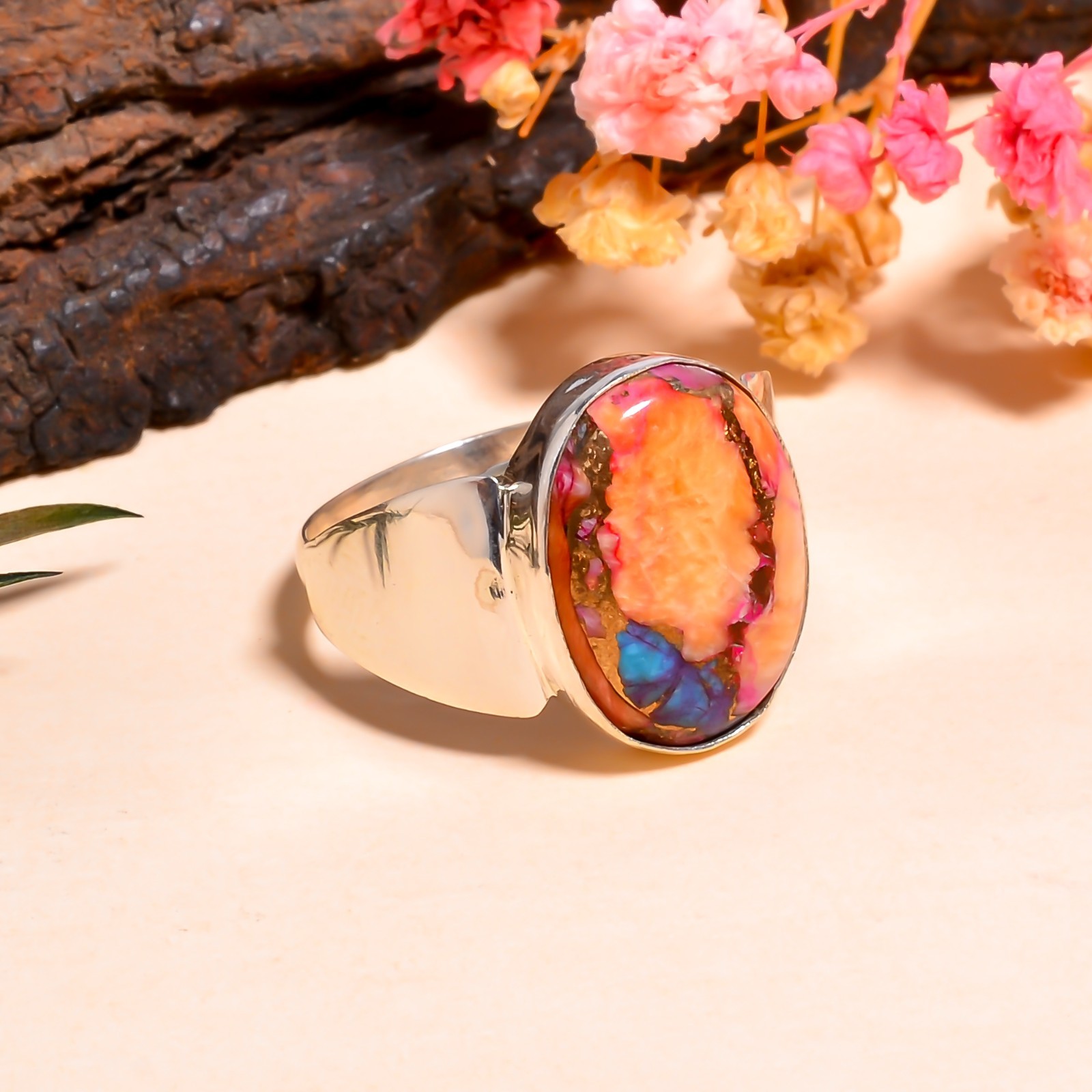 Copper Turquoise Gemstone 925 Silver Handmade Statement Ring Jewelry