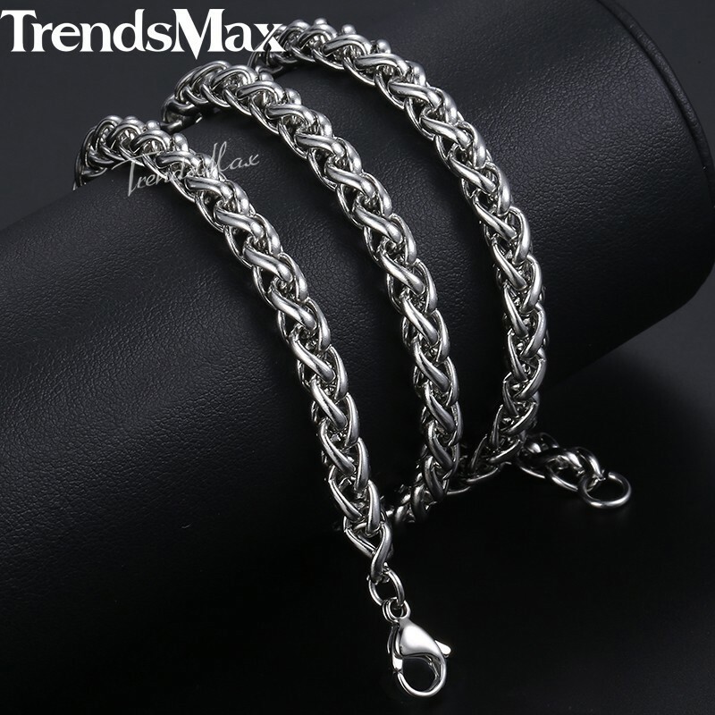 3/4/5mm Braided Wheat Chain Silver 316L Stainless Steel Men Women Necklace