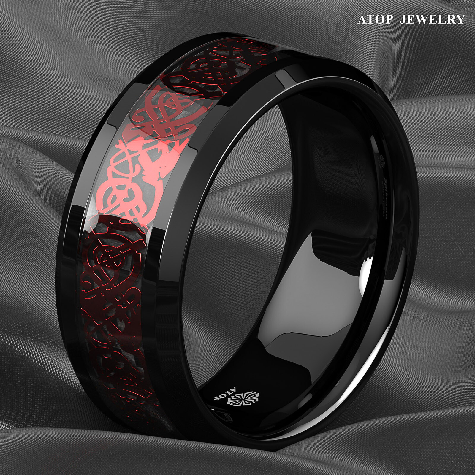 ATOP 8/6mm Men Black Red Tungsten Ring Wedding Band Celtic Dragon Carbon fiber