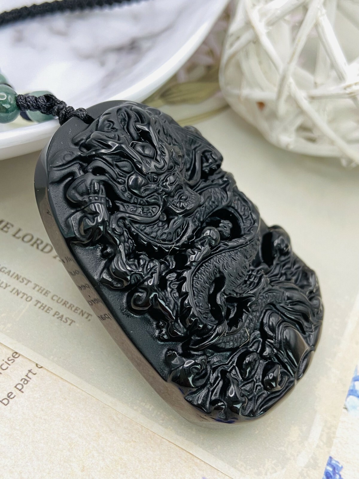Jade Obsidian Dragon Charm Pendant Necklace Beads Cord Handmade Carved Gemstone