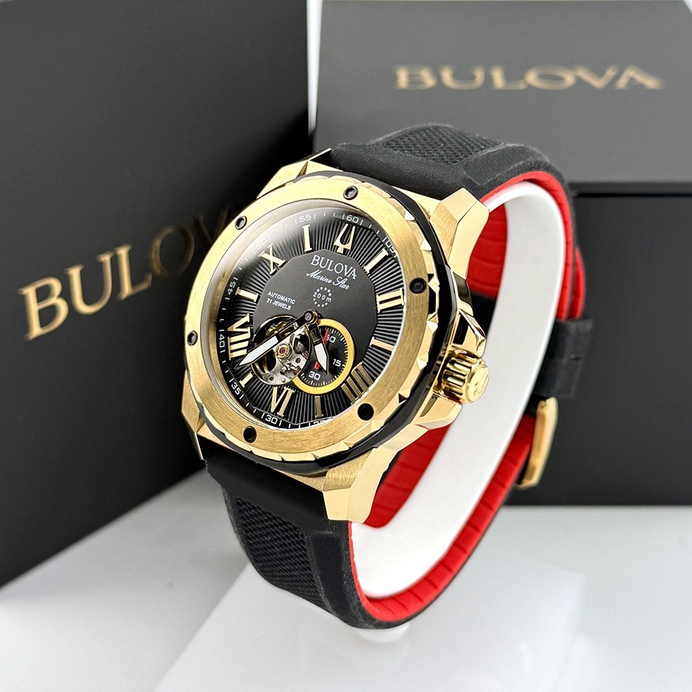 Men’s Bulova 98A272 Marine Star Automatic Silicone Black/Gold Dial Watch 45mm