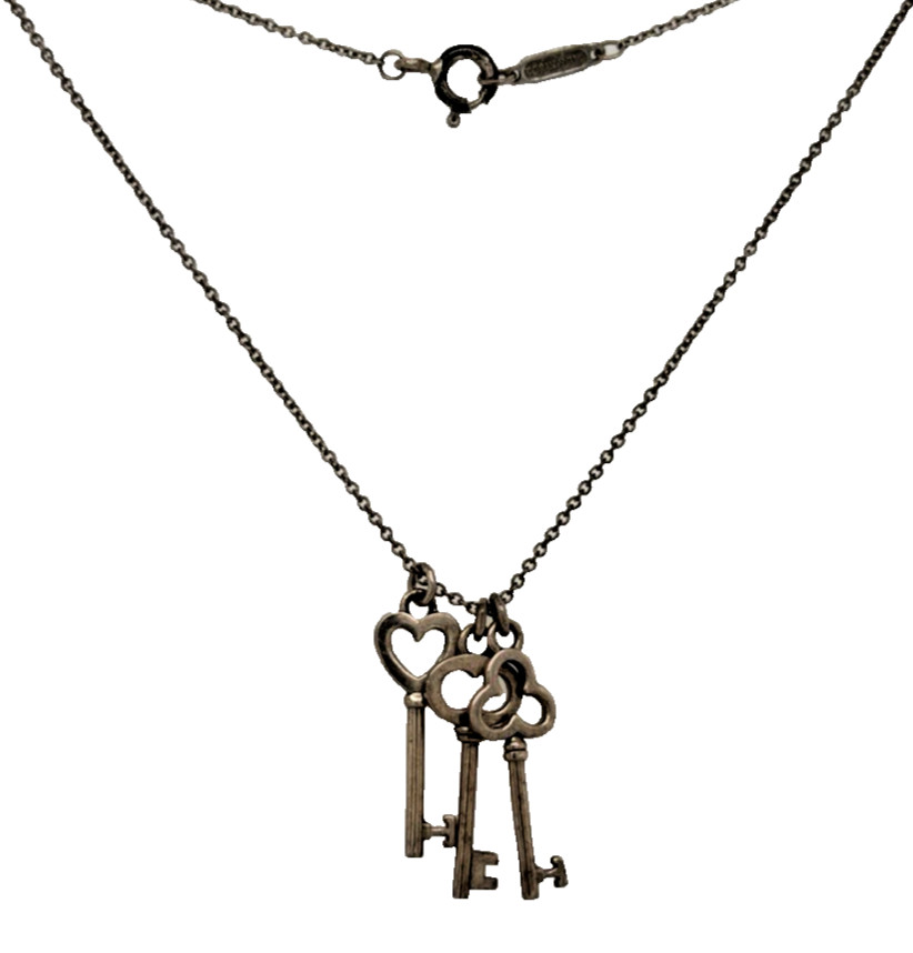Tiffany & Co. Sterling Silver Three Keys Necklace 925 Heart Clover Key Pendants