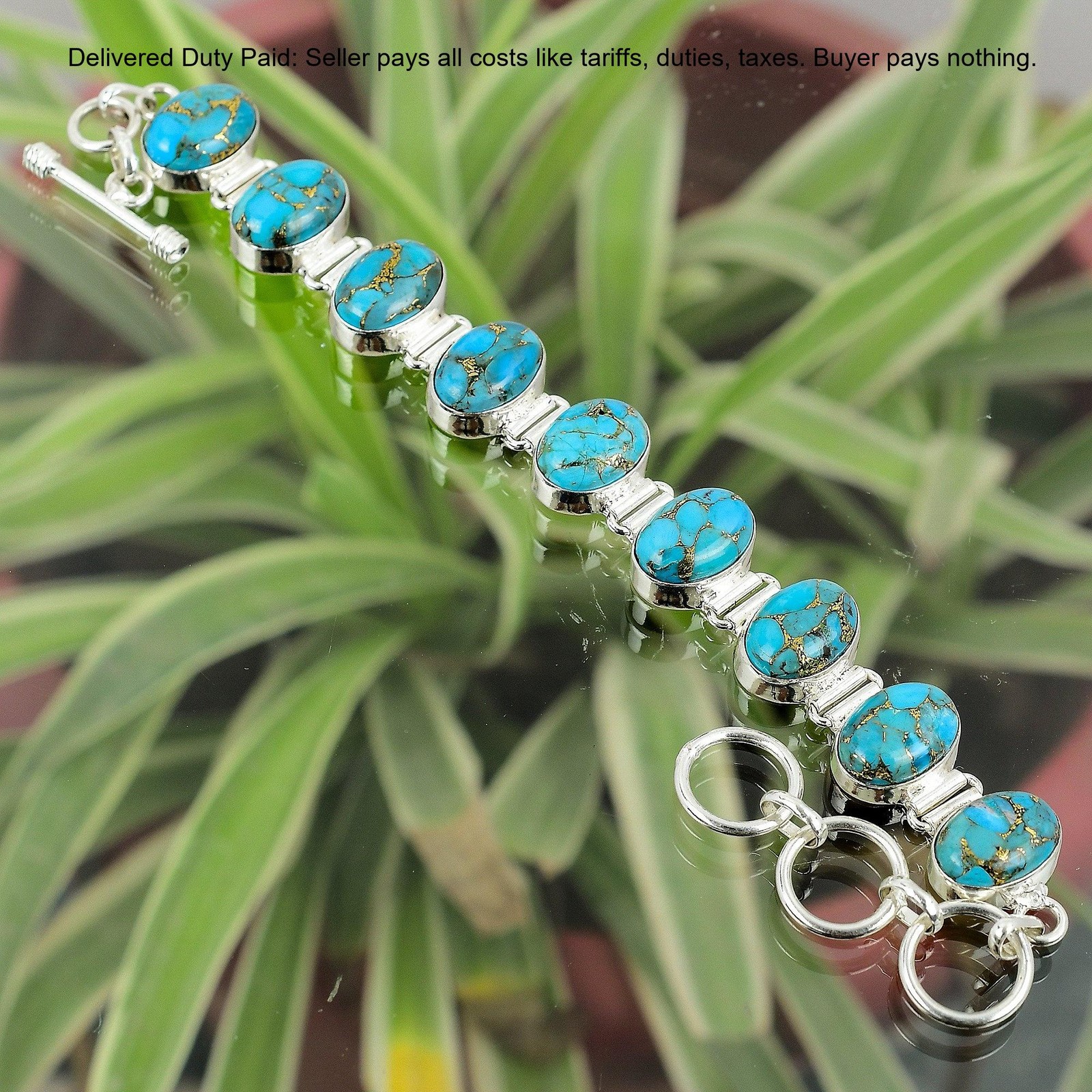 Natural Copper Blue Turquoise Unique Chain Bracelet Jewelry 925 Sterling Silver