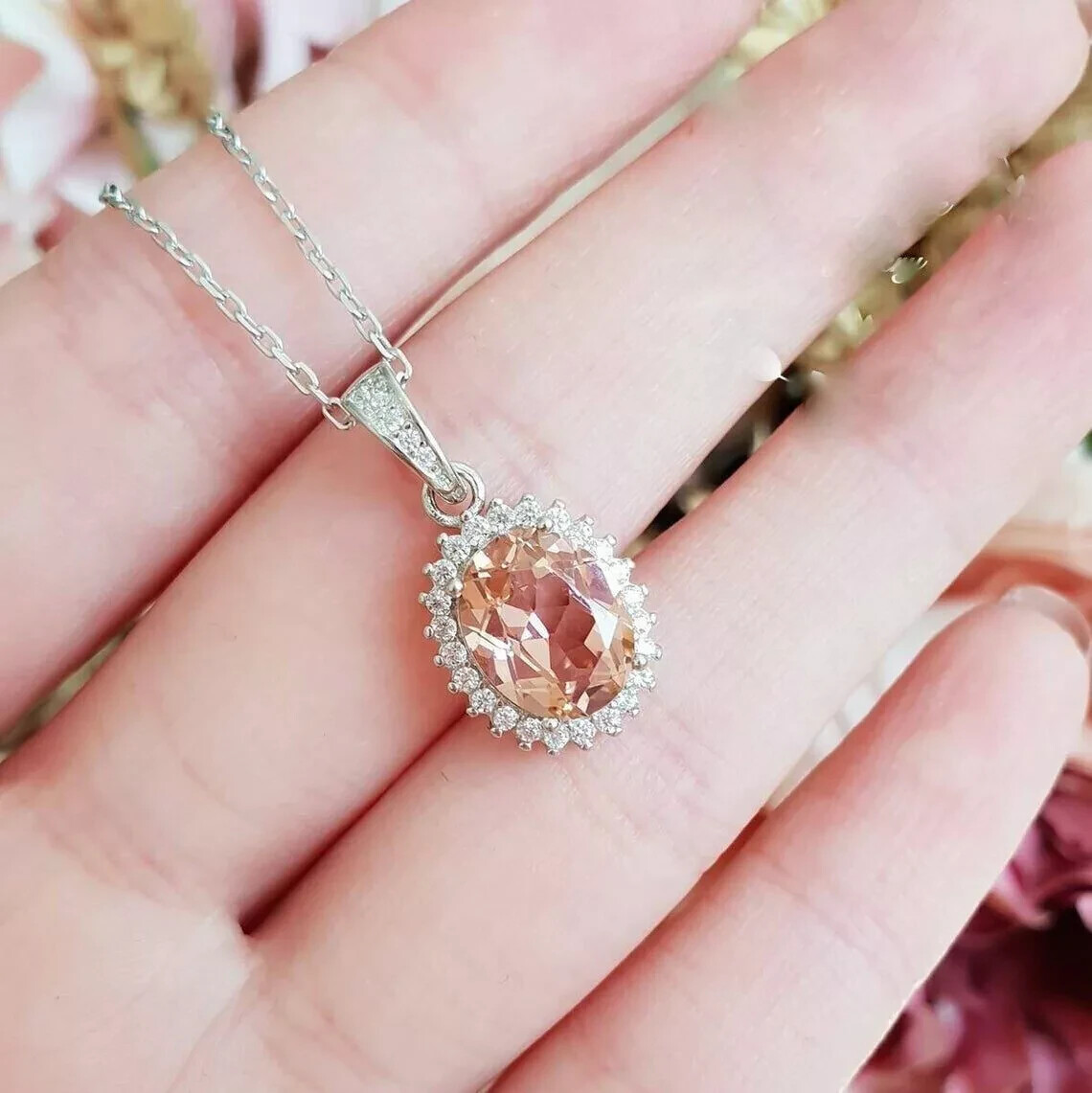 3 Carat Halo Morganite & Diamond Pendant With Free Chain 14K White Gold Finish