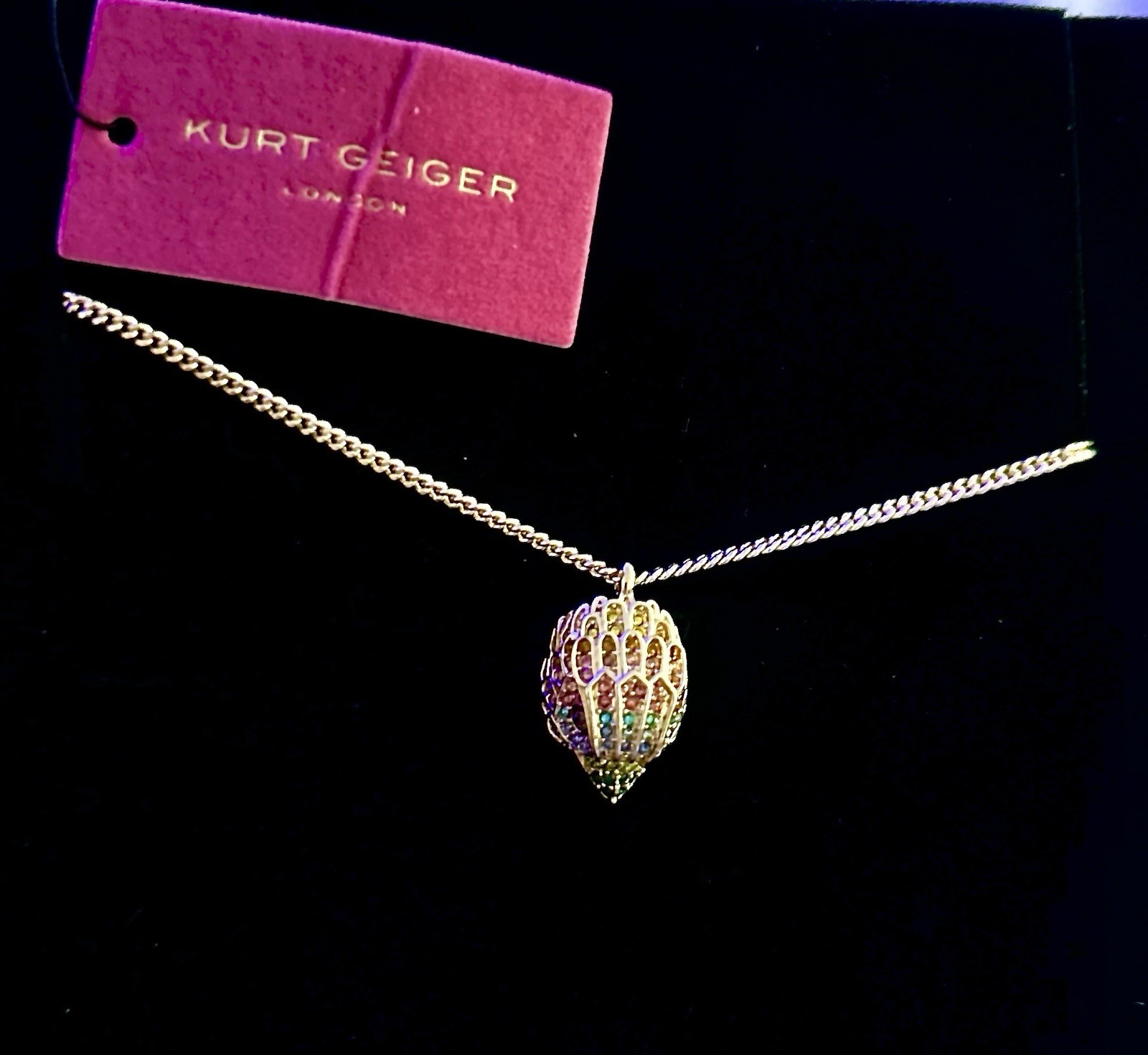 Kurt Geiger Eagle Head Pendant Necklace Multicolor Pavé Crystal Gold 16-18″