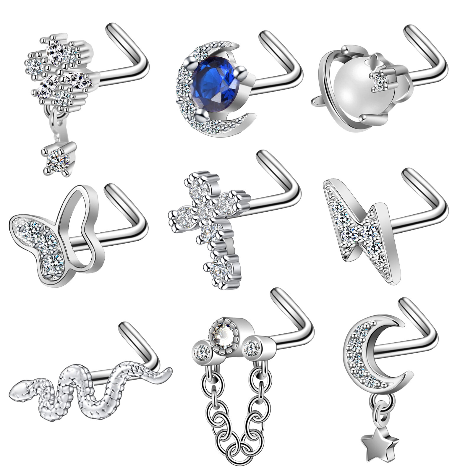 9 Pcs CZ L Bend Screw Bone Nose Studs Surgical Steel Pin Nose Ring 20G Piercing