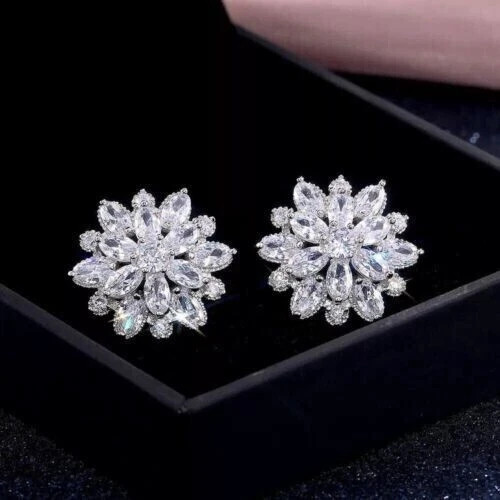 3Ct Lab Created Oval Push Back Cluster Stud Earrings 14K White Gold Plated
