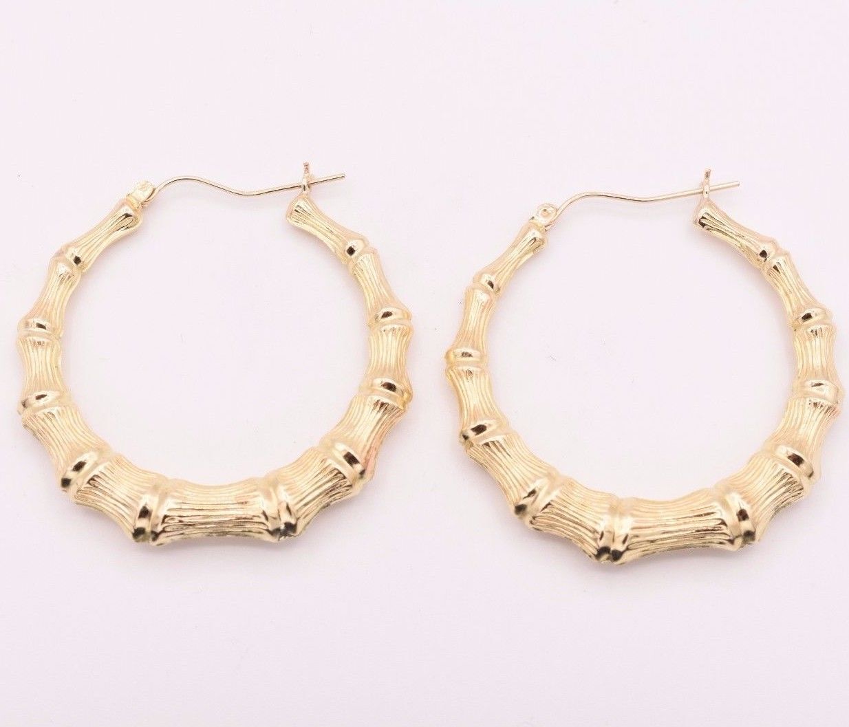 1 3/4″ Graduated Large Diamond Cut Bamboo Hoop Earrings Real 10K Yellow Gold